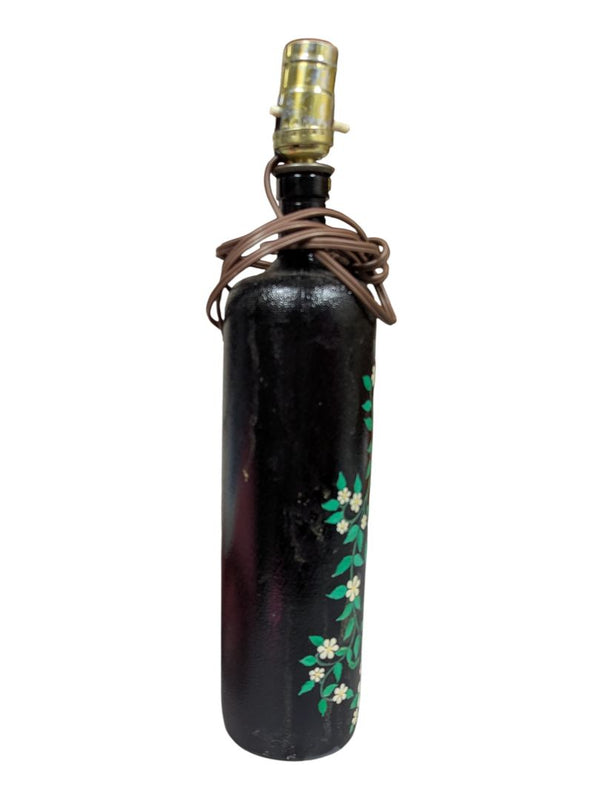 Vintage Hand-Painted Black Glass Bottle Table Lamp