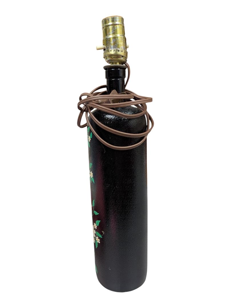 Vintage Hand-Painted Black Glass Bottle Table Lamp