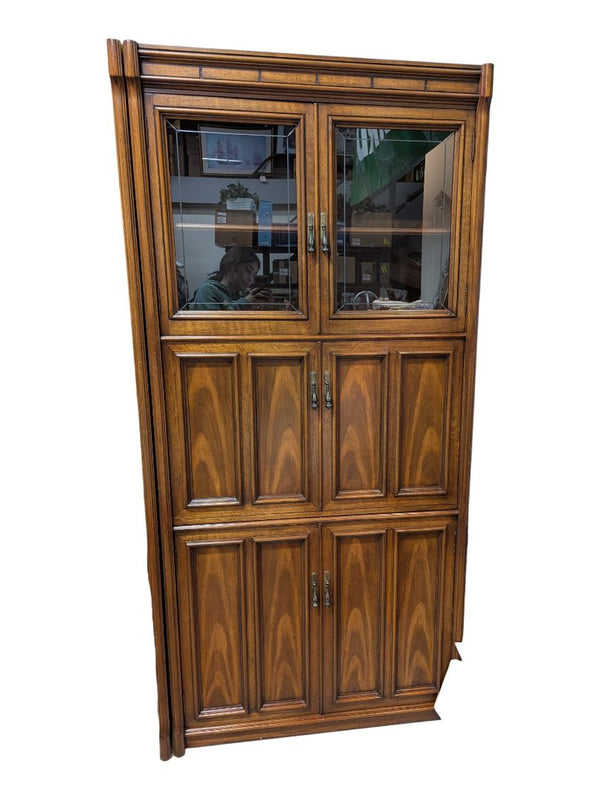 Walnut Finish Lighted Bar Cabinet with Glass Display Doors