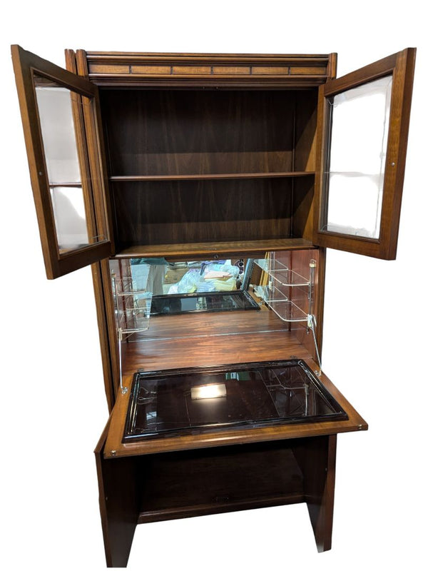 Walnut Finish Lighted Bar Cabinet with Glass Display Doors