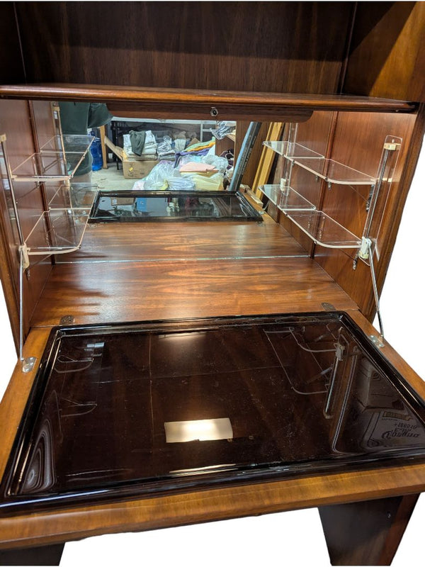Walnut Finish Lighted Bar Cabinet with Glass Display Doors