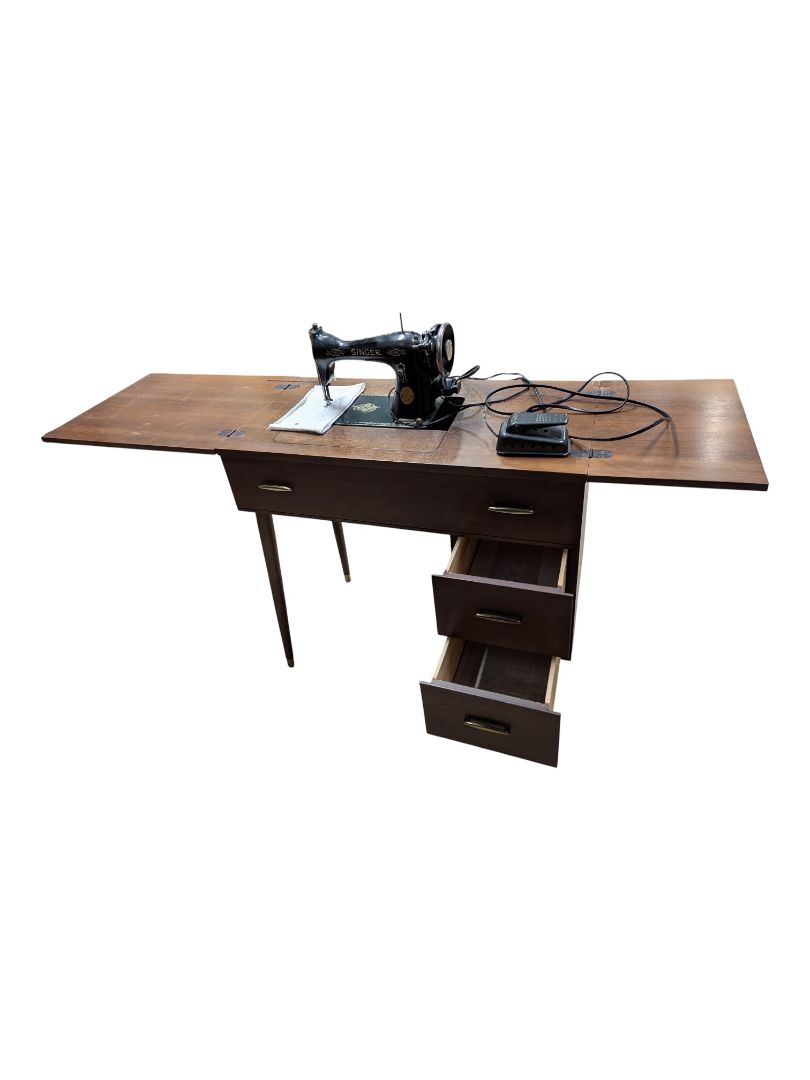 Vintage Singer Sewing Machine with Mid-Century Folding Cabinet