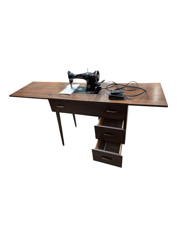 Vintage Singer Sewing Machine with Mid-Century Folding Cabinet