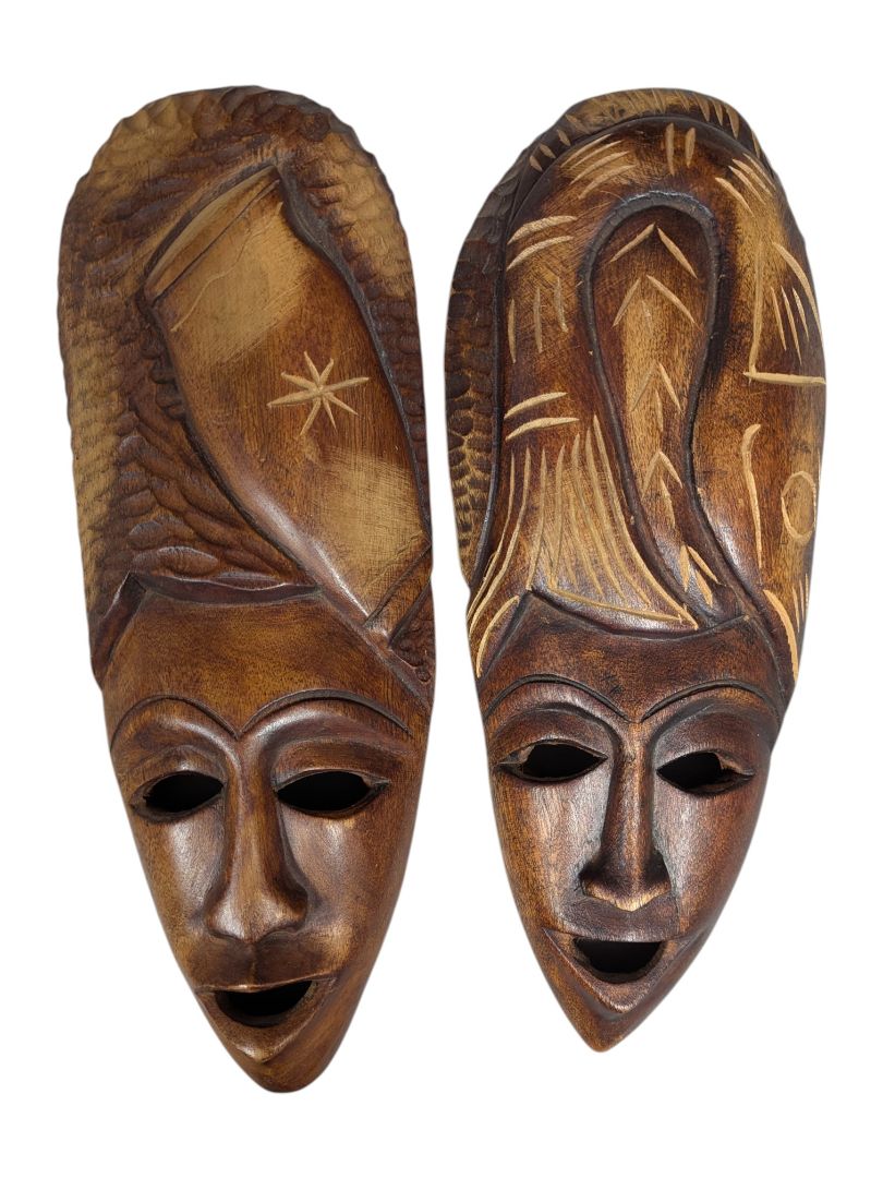 Pair of Hand-Carved African Style Wooden Wall Masks