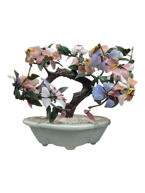 Chinese Hardstone Blossom Tree in Celadon Bonsai Planter