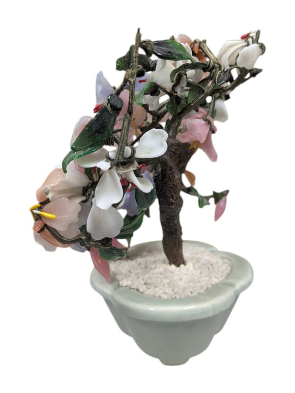 Chinese Hardstone Blossom Tree in Celadon Bonsai Planter