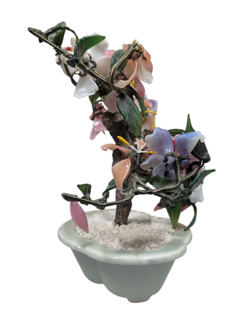 Chinese Hardstone Blossom Tree in Celadon Bonsai Planter
