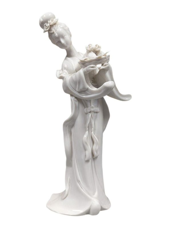 Elegant White Porcelain Geisha Figurine – Floral Offering