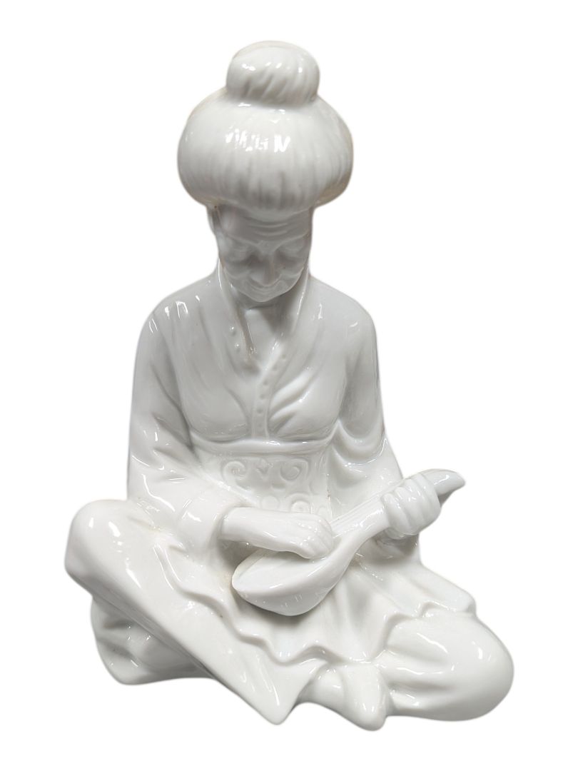 Vintage White Glazed Asian Lady Figurine – Seated with Instrument