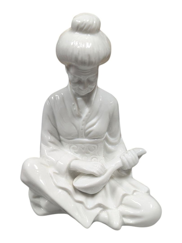 Vintage White Glazed Asian Lady Figurine – Seated with Instrument