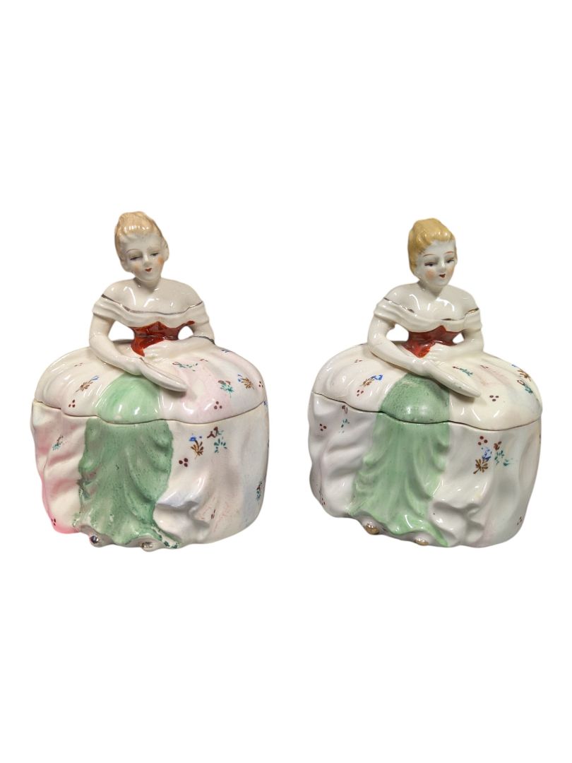 Pair of Hand-Painted Porcelain Lady Trinket Boxes
