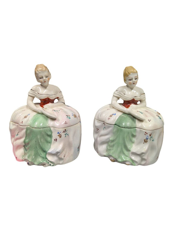 Pair of Hand-Painted Porcelain Lady Trinket Boxes
