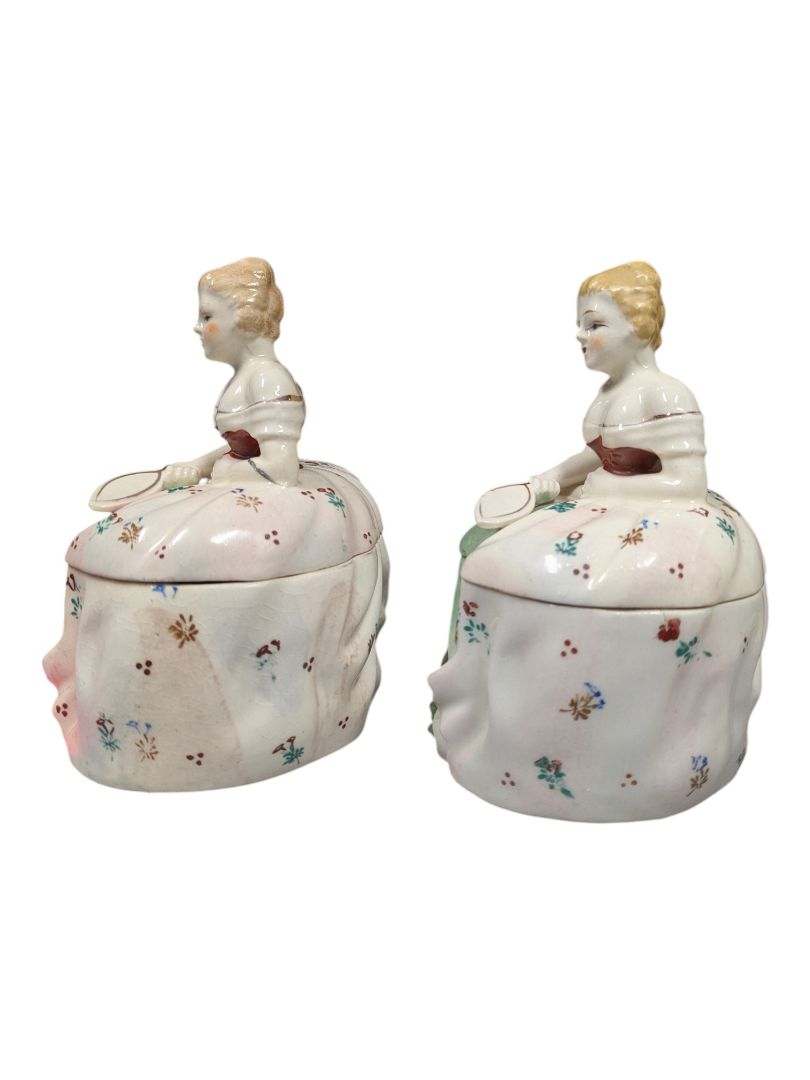 Pair of Hand-Painted Porcelain Lady Trinket Boxes