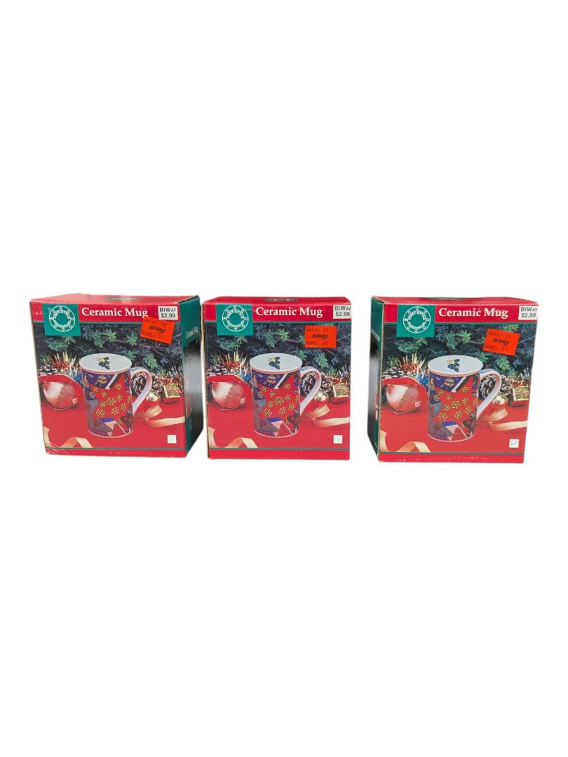 Set of 3 Vintage Christmas Ceramic Mugs in Original Boxes
