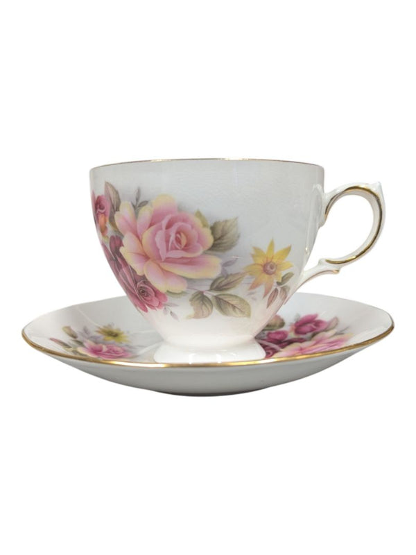 Queen Anne Bone China Tea Cup & Saucer Set - Pink & Yellow Roses