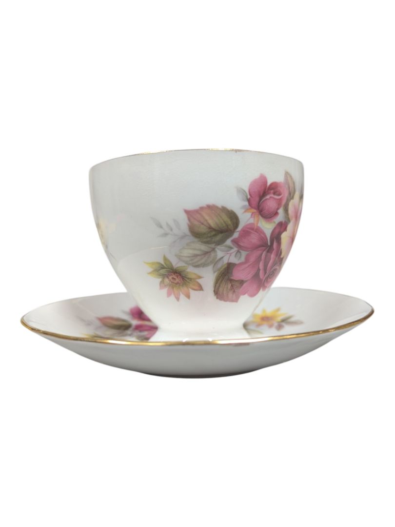 Queen Anne Bone China Tea Cup & Saucer Set - Pink & Yellow Roses
