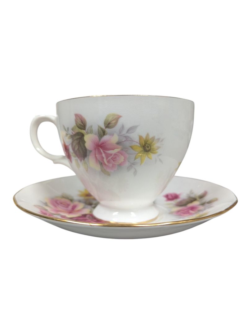 Queen Anne Bone China Tea Cup & Saucer Set - Pink & Yellow Roses