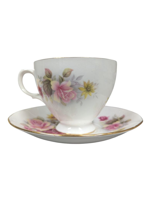 Queen Anne Bone China Tea Cup & Saucer Set - Pink & Yellow Roses