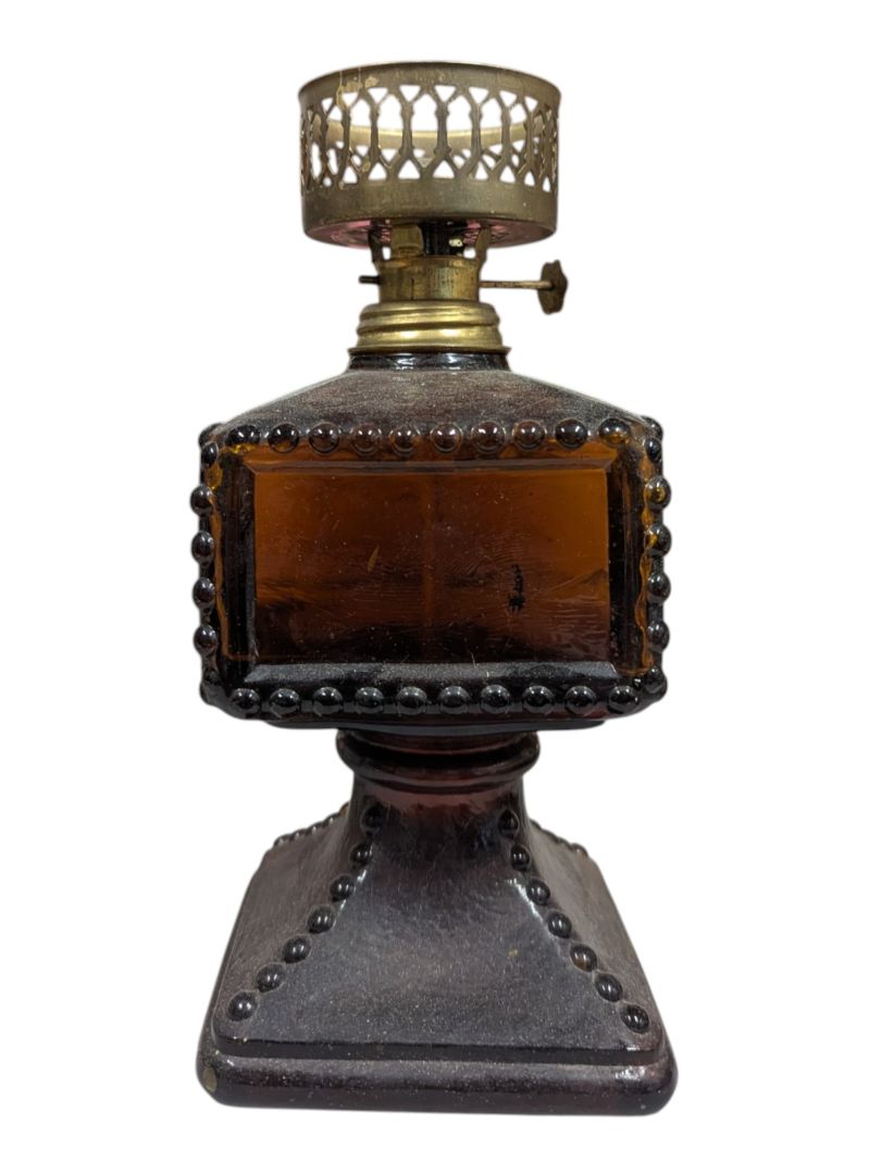 Amber Hobnail Glass Miniature Oil Lamp