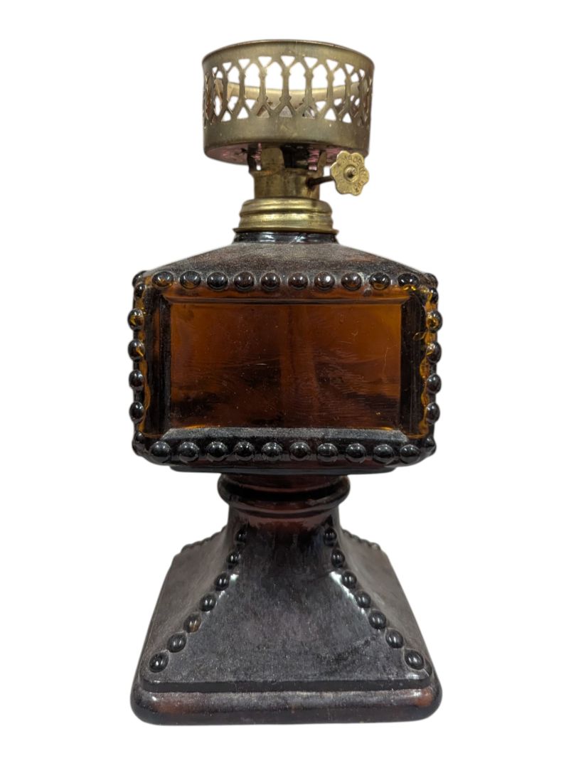 Amber Hobnail Glass Miniature Oil Lamp