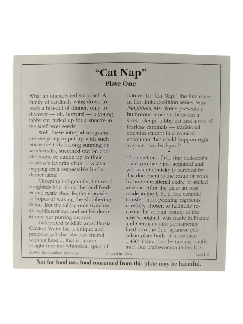 Bradford Exchange “Cat Nap” Collector Plate – Nosy Neighbors Series