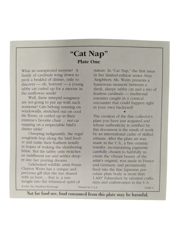 Bradford Exchange “Cat Nap” Collector Plate – Nosy Neighbors Series