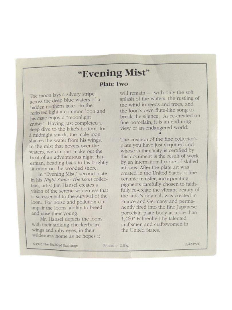 Bradford Exchange “Evening Mist” Collector Plate