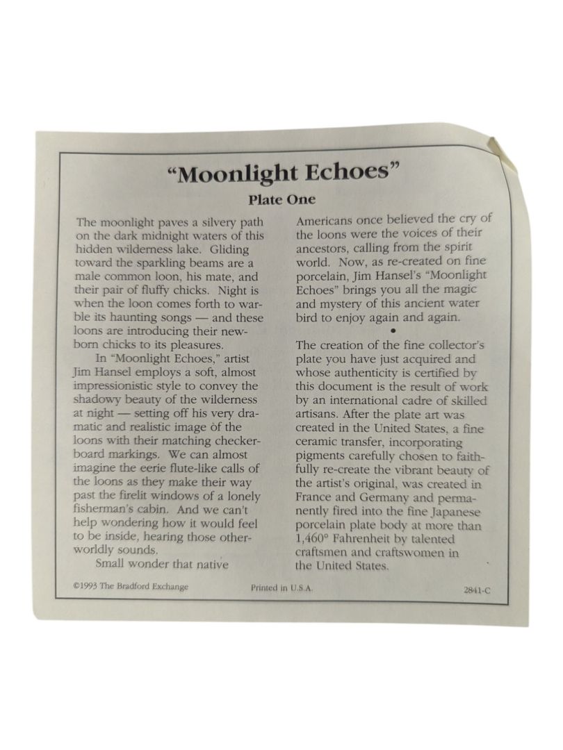 Bradford Exchange “Moonlight Echoes” Plate