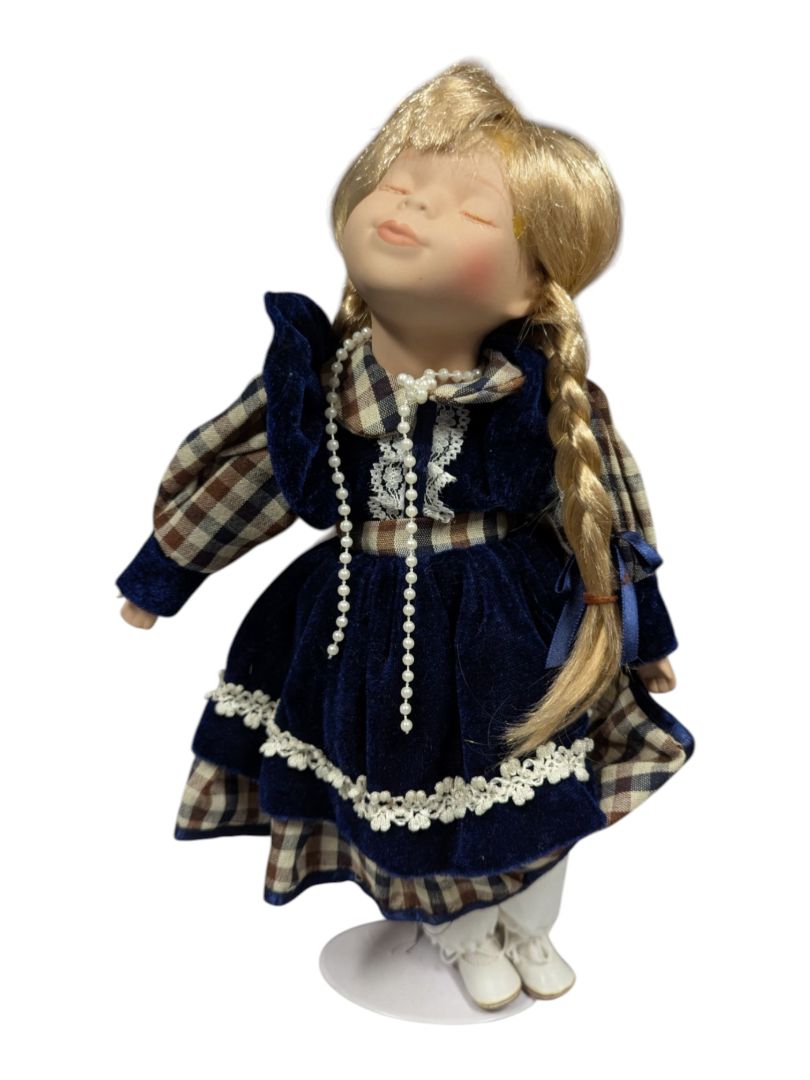Porcelain Doll Blue Velvet Dress Stand