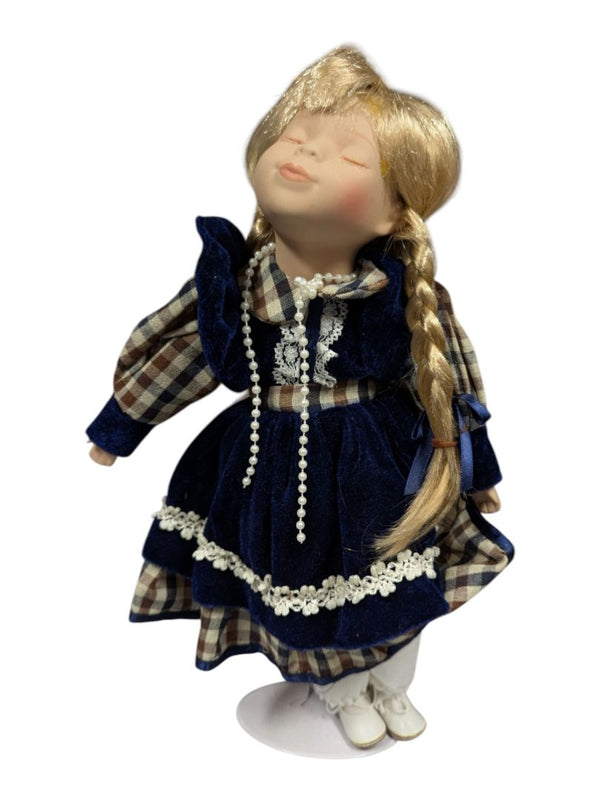 Porcelain Doll Blue Velvet Dress Stand