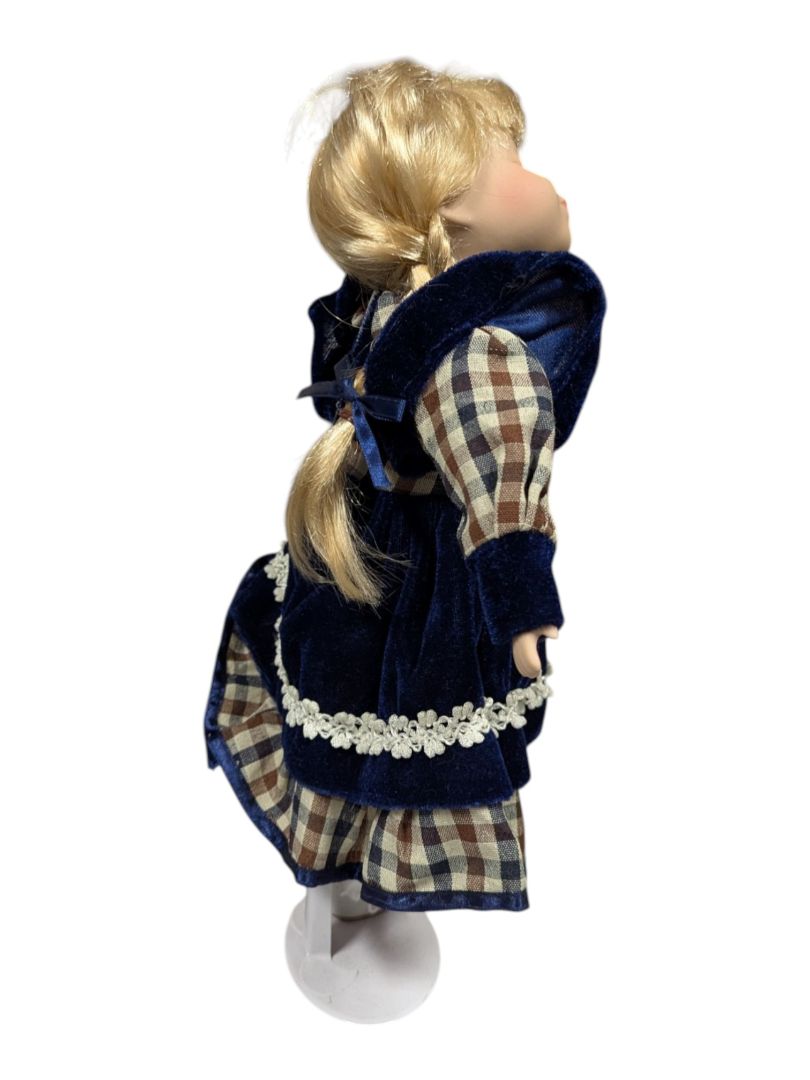 Porcelain Doll Blue Velvet Dress Stand