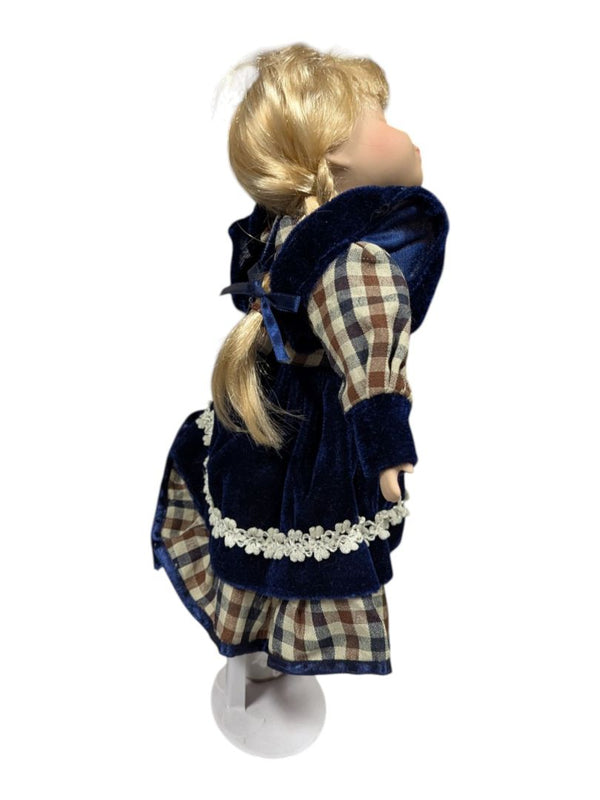Porcelain Doll Blue Velvet Dress Stand
