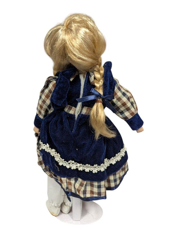 Porcelain Doll Blue Velvet Dress Stand