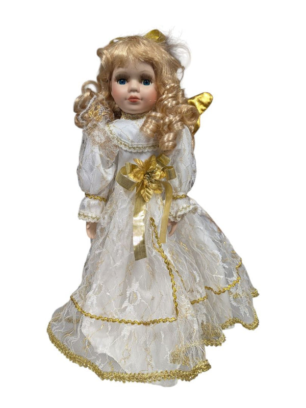 Porcelain Angel Doll White Gold Dress
