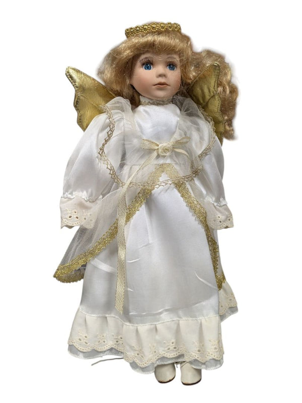 Porcelain Angel Doll with Gold Wings & Lace Dress
