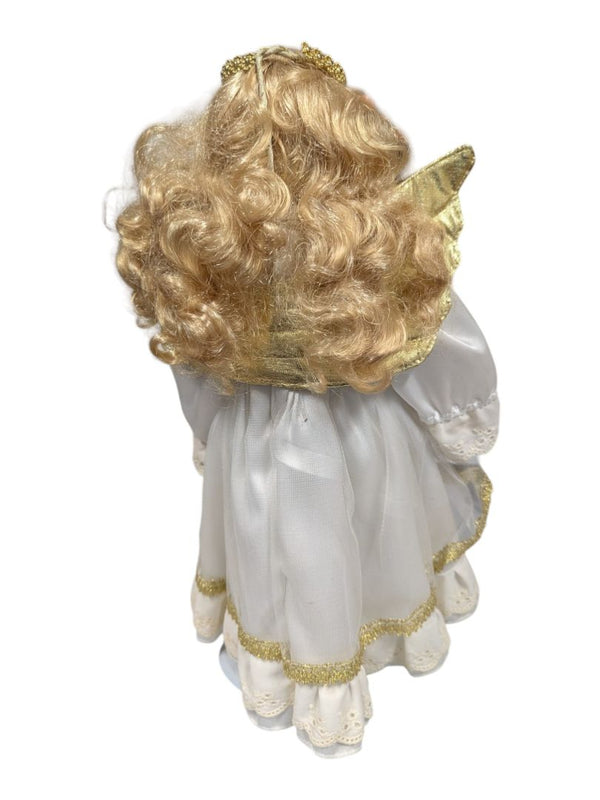 Porcelain Angel Doll with Gold Wings & Lace Dress