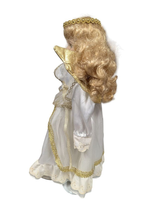 Porcelain Angel Doll with Gold Wings & Lace Dress