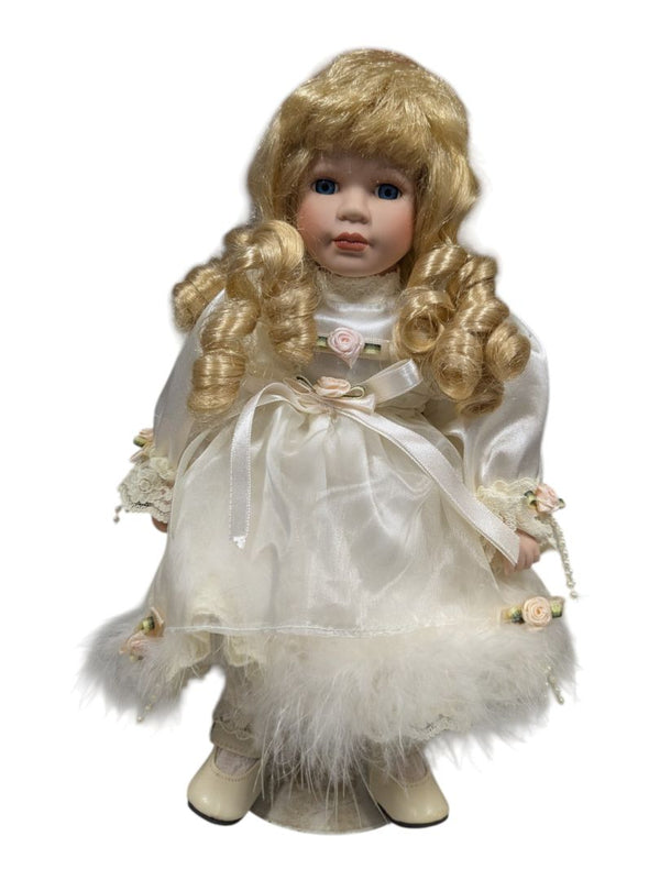 Porcelain Style Doll with Lace & Feather Trim Dress