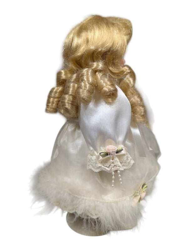 Porcelain Style Doll with Lace & Feather Trim Dress