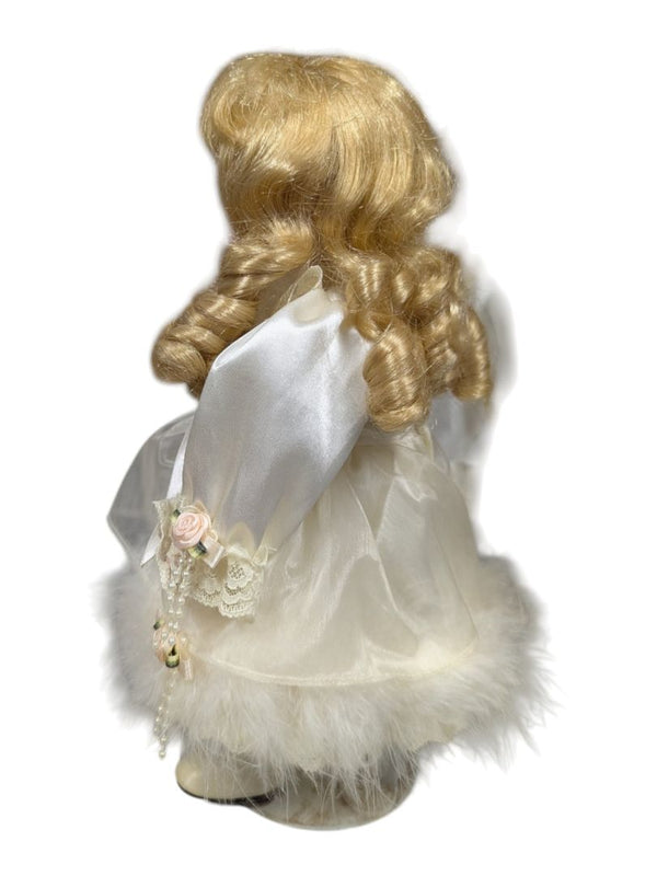 Porcelain Style Doll with Lace & Feather Trim Dress