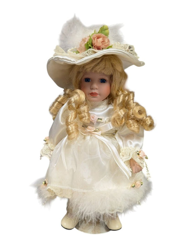 Porcelain Style Doll with Lace & Feather Trim Dress