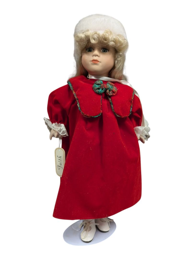 “Faith” Porcelain Doll in Red Dress with Fur Hat & Muff