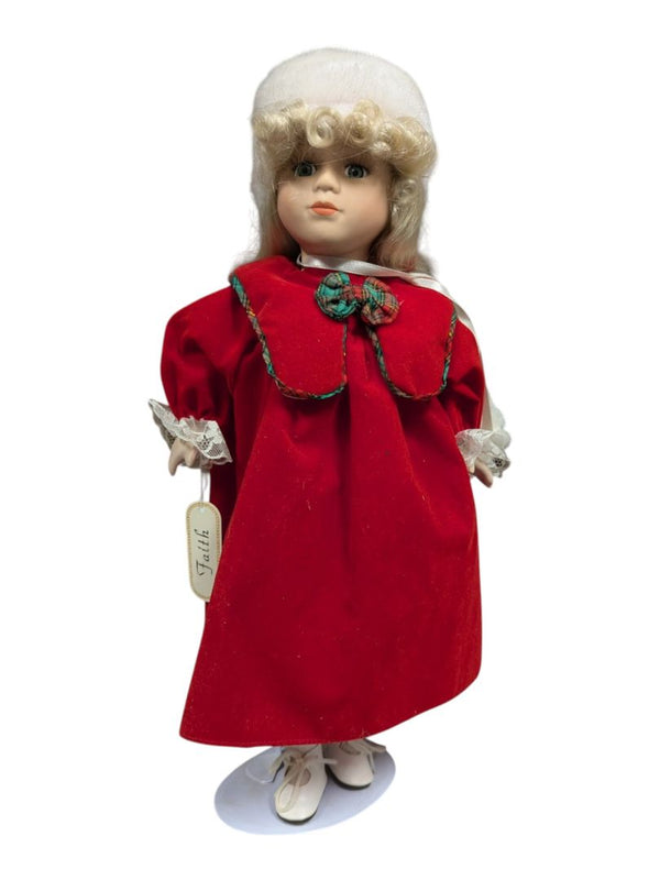 “Faith” Porcelain Doll in Red Dress with Fur Hat & Muff