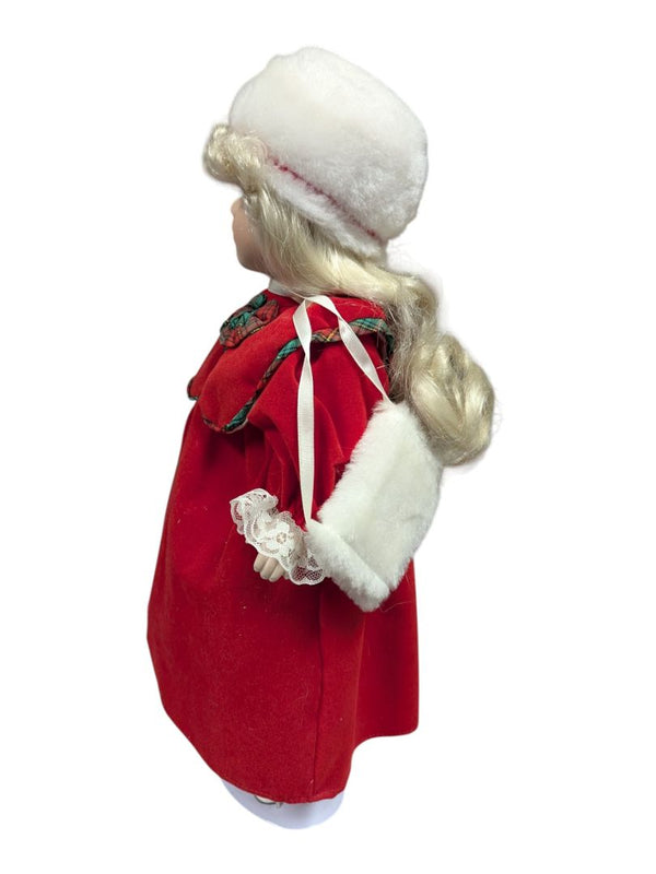 “Faith” Porcelain Doll in Red Dress with Fur Hat & Muff