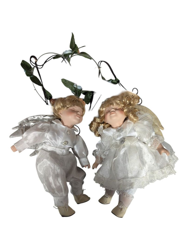 Porcelain Hanging Angel Doll Duo - Boy & Girl