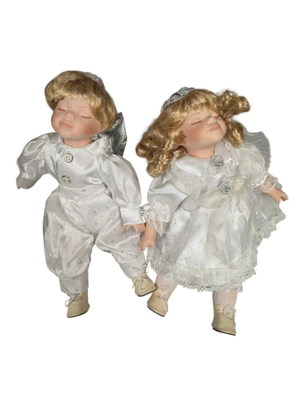 Porcelain Hanging Angel Doll Duo - Boy & Girl