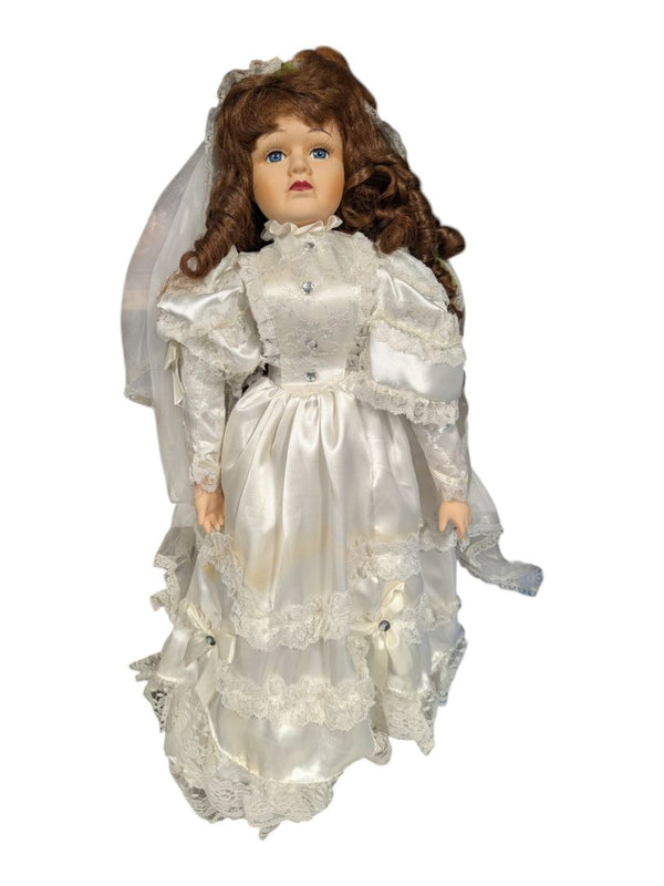 Porcelain Collector Doll Brunette Bride with Tiered Lace Gown