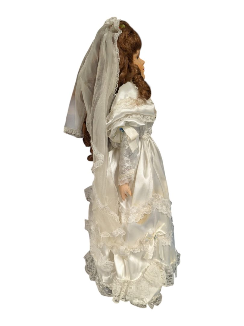 Porcelain Collector Doll Brunette Bride with Tiered Lace Gown