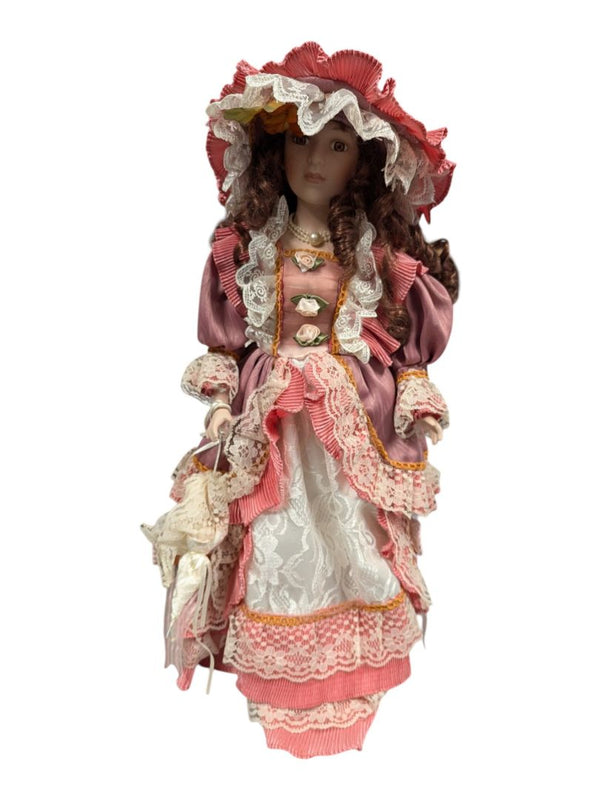 Porcelain Victorian Collector Doll - Pink Taffeta and Lace Gown