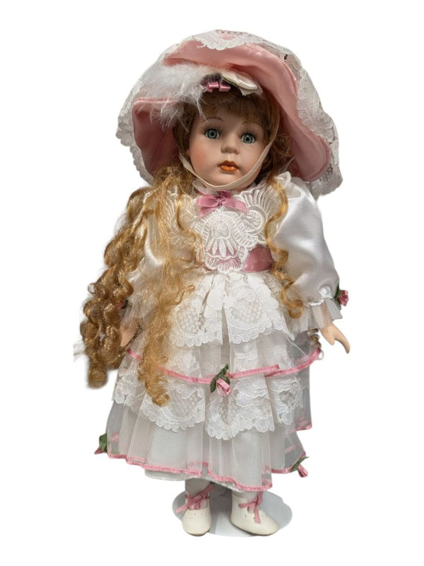 Victorian Style Porcelain Doll - White & Pink Lace Gown